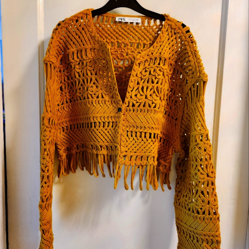 Zara Mustard Yellow Crochet Sweater
